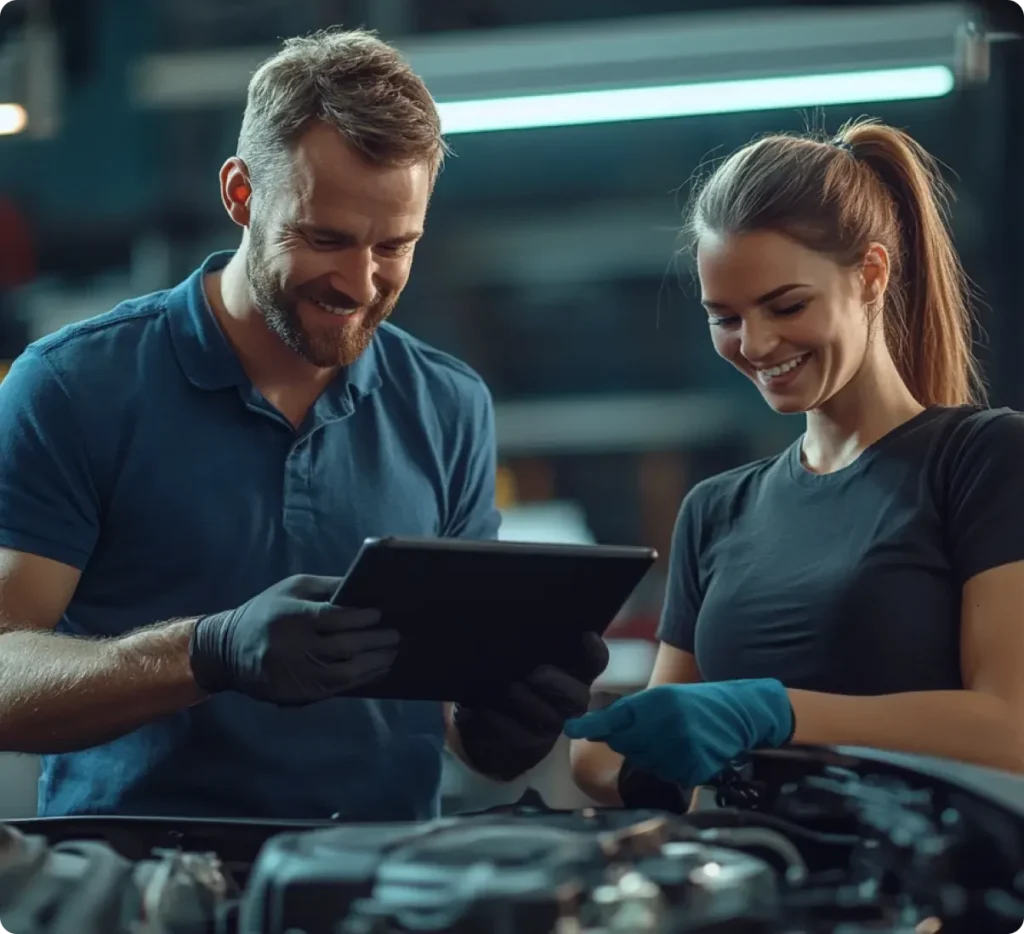 Man and woman wearing gloves and looking at a tablet